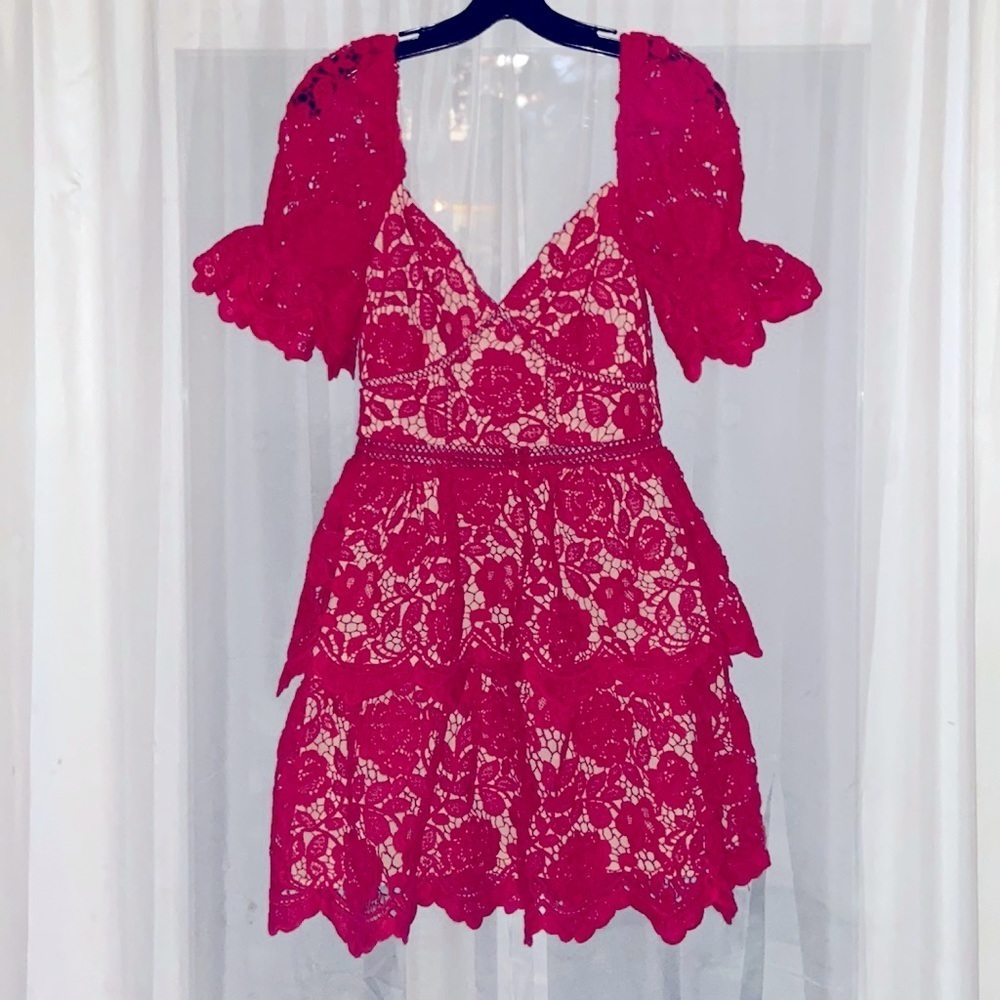 1/1 custom made red floral lace short dress 👗 designer Made in Korea​​​​